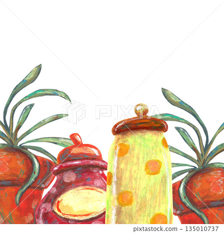 Yellow and red jars with dots,houseplants. Oil pastel drawn template. For interior designs, retro vintage settings, restaurant cafe menu decorated, stickers, greeting cards and banners clip arts. Yellow and red jars with dots,houseplants. Oil pastel drawn template. For interior designs, retro vintage settings, restaurant cafe menu decorated, stickers, greeting cards and banners clip arts. 135010737