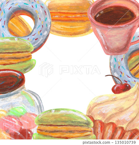 Jar of candies, cupcake donuts and macaroons, tea cup. Oil pastel drawn template. For interior designs, retro vintage settings, restaurant cafe menu stickers, cards and banners clip arts. Jar of candies, cupcake donuts and macaroons, tea cup. Oil pastel drawn template. For interior designs, retro vintage settings, restaurant cafe menu stickers, cards and banners clip arts. 135010739