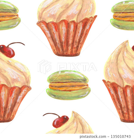 Pistachio French macaroons, cupcake with ream and cherry. Oil pastel drawn seamless pattern For interior designs, retro vintage settings, restaurant cafe menu stickers, cards and banners clip arts. 135010743