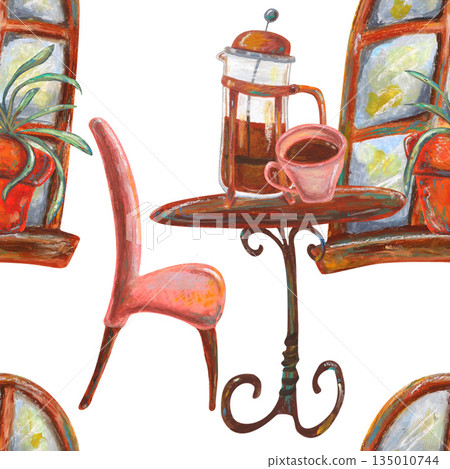 Restaurant interior, table and chair, French press coffee cup Oil pastel drawn seamless pattern For interior designs, retro vintage settings, restaurant cafe menu stickers cards and banners clip arts. 135010744