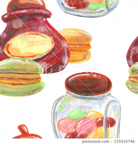 Jar of candies, French macaroon, sugar bowl with polka dots Oil pastel drawn seamless pattern. For interior designs, retro vintage settings, restaurant cafe menu stickers, cards and banners clip arts. 135010746