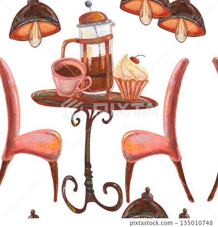 Grunge electric bulb, table and chair French press coffee cup Oil pastel drawn seamless pattern For interior designs, retro vintage settings, restaurant cafe menu stickers cards and banners clip arts. Grunge electric bulb, table and chair French press coffee cup Oil pastel drawn seamless pattern For interior designs, retro vintage settings, restaurant cafe menu stickers cards and banners clip arts. 135010748