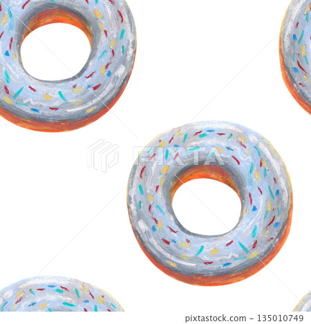 Classic donut in blueberry glaze, colored sprinkles. Oil pastel drawn seamless pattern. For interior designs, retro vintage settings, restaurant cafe menu stickers, cards and banners clip arts. 135010749