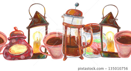Rustic old candlestick lantern. French press, coffee cup. Oil pastel drawn seamless border. For interior designs, retro vintage settings, restaurant cafe menu stickers cards and banners clip arts. Rustic old candlestick lantern. French press, coffee cup. Oil pastel drawn seamless border. For interior designs, retro vintage settings, restaurant cafe menu stickers cards and banners clip arts. 135010756