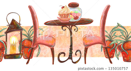 Old candlestick lantern, table and chair, houseplant in pot. Oil pastel drawn seamless border. For interior designs, retro vintage settings, restaurant cafe menu stickers cards and banners clip arts. Old candlestick lantern, table and chair, houseplant in pot. Oil pastel drawn seamless border. For interior designs, retro vintage settings, restaurant cafe menu stickers cards and banners clip arts. 135010757