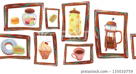 Wooden frames, cupcake with cream. French press, donut. Oil pastel drawn seamless border. For interior designs, retro vintage settings, restaurant cafe menu stickers cards and banners clip arts. Wooden frames, cupcake with cream. French press, donut. Oil pastel drawn seamless border. For interior designs, retro vintage settings, restaurant cafe menu stickers cards and banners clip arts. 135010759