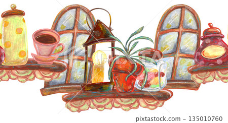 Sugar bowl, old candlestick lantern. Jar of candies, window. Oil pastel drawn seamless border. For interior designs, retro vintage settings, restaurant cafe menu stickers cards and banners clip arts. Sugar bowl, old candlestick lantern. Jar of candies, window. Oil pastel drawn seamless border. For interior designs, retro vintage settings, restaurant cafe menu stickers cards and banners clip arts. 135010760