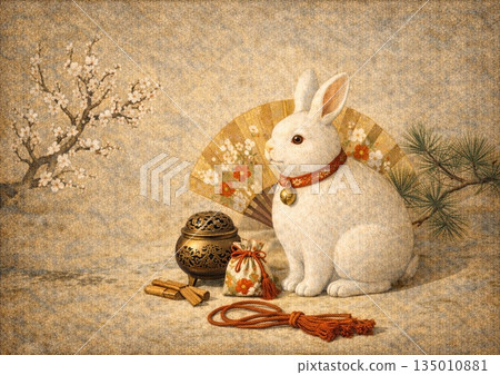 Japanese-style landscape with rabbit figurine and folding fan 135010881
