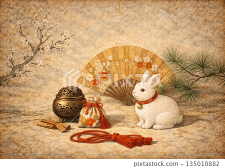Japanese-style landscape with rabbit figurine and folding fan 135010882