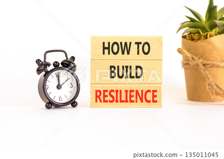 How to build resilience symbol. Concept words How to build resilience on beautiful wooden blocks. Beautiful white background. Black alarm clock. Business how to build resilience concept. Copy space 135011045