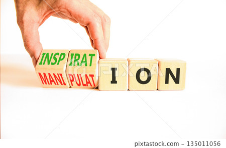 Inspiration or manipulation symbol. Concept words Inspiration and Manipulation on wooden cubes. Beautiful white background. Psychologist hand. Psychology inspiration manipulation concept. Copy space. Inspiration or manipulation symbol. Concept words Inspiration and Manipulation on wooden cubes. Beautiful white background. Psychologist hand. Psychology inspiration manipulation concept. Copy space. 135011056
