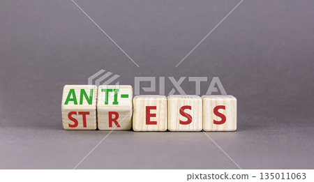 Anti stress symbol. Concept words Anti stress or Anti-stress on beautiful wooden cubes. Beautiful grey background. Business, psychological anti stress concept. Copy space. Anti stress symbol. Concept words Anti stress or Anti-stress on beautiful wooden cubes. Beautiful grey background. Business, psychological anti stress concept. Copy space. 135011063