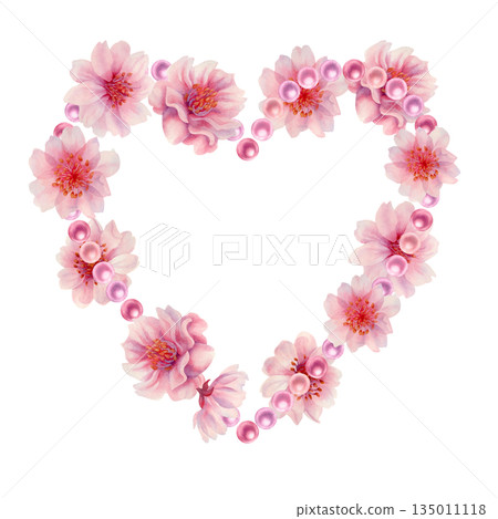 Pink floral hearts of cherry blossoms, shiny pearls. Watercolor illustration templates for weddings, Valentine's Day, Mother's Day, birthdays, frames, borders, postcards, greetings, and banners Pink floral hearts of cherry blossoms, shiny pearls. Watercolor illustration templates for weddings, Valentine's Day, Mother's Day, birthdays, frames, borders, postcards, greetings, and banners 135011118
