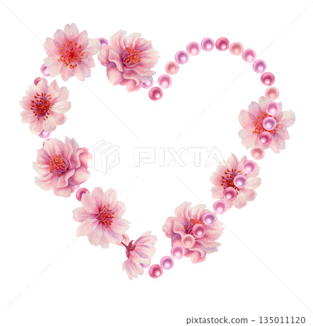 Pink floral hearts of cherry blossoms, shiny pearls. Watercolor illustration templates for weddings, Valentine's Day, Mother's Day, birthdays, frames, borders, postcards, greetings, and banners 135011120