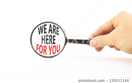 Support, help and we are here for you symbol. Concept words We are here for you on beautiful magnifying glass. Beautiful white background. Business we are here for you concept. Copy space. Support, help and we are here for you symbol. Concept words We are here for you on beautiful magnifying glass. Beautiful white background. Business we are here for you concept. Copy space. 135011140