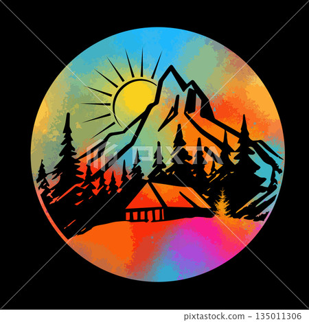 Mountain and sun colored logo . Hand drawn. Not AI, vector illustration. Mountain and sun colored logo . Hand drawn. Not AI, vector illustration. 135011306