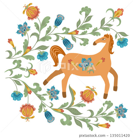 Orange horse with folk decorative flowers. Vector hand drawn flat silhouette illustration. Stylish design for clip art, diaries and planners decorated, stickers, greeting cards and banners. 135011420