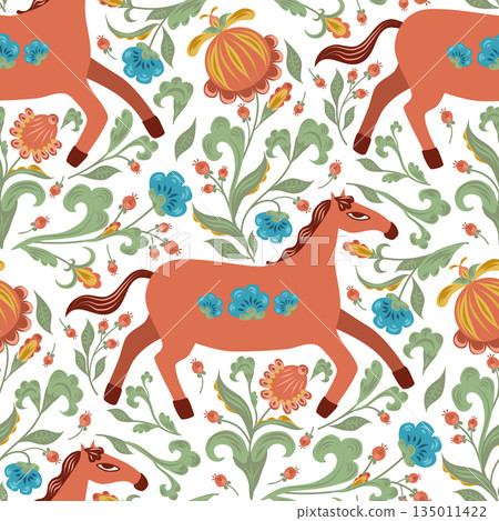 Red horse with folk decorative flowers in seamless pattern. Vector hand drawn flat illustration. Stylish design for clip art, diaries and planners decorated, stickers, greeting cards and banners. 135011422