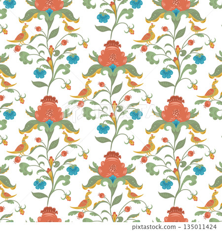 Yellow birds with folk decorative flowers in seamless pattern. Vector hand drawn flat illustration. Stylish design for clip art, diaries and planners decorated, stickers, greeting cards and banners. Yellow birds with folk decorative flowers in seamless pattern. Vector hand drawn flat illustration. Stylish design for clip art, diaries and planners decorated, stickers, greeting cards and banners. 135011424