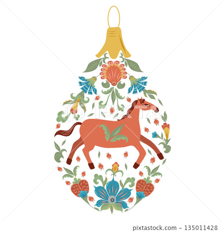 Red horse with folk flowers in Christmas ball. Vector hand drawn flat silhouette illustration. Stylish design for clip art, diaries and planners decorated, stickers, greeting cards and banners. 135011428