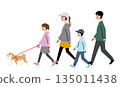 一家四口穿著休閒服，牽著一隻柴犬散步。 135011438