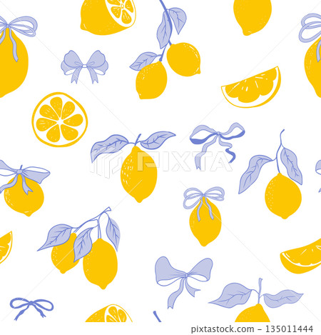 Cute coquette print lemon pattern, bow, stripes. Floral trellis citrus bg, background. Lemon with leaves, lemon slice, part. 135011444
