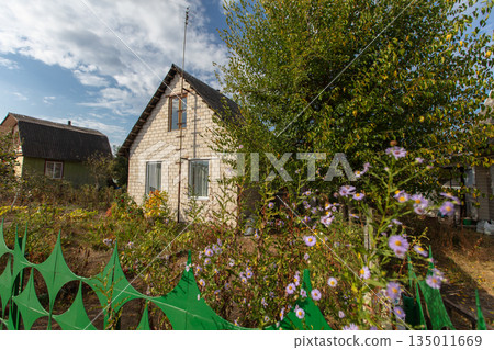 A small brick country house on a summer street. 135011669