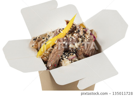 Wok in paper container on white background. Chinese noodles 135011728