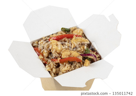 Wok in paper container on white background. Chinese noodles Wok in paper container on white background. Chinese noodles 135011742