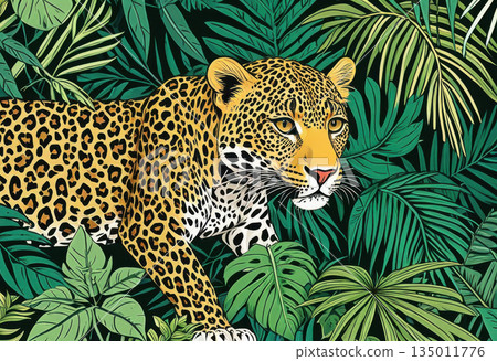 Leopard amongst green leaves 135011776