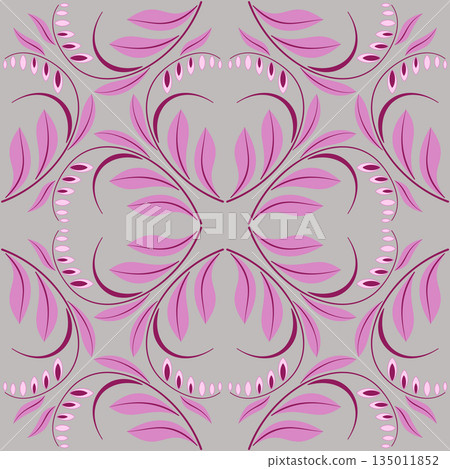 Square diagonal floral seamless pattern Mandala of pink curved leaves and flowers on gray background 135011852