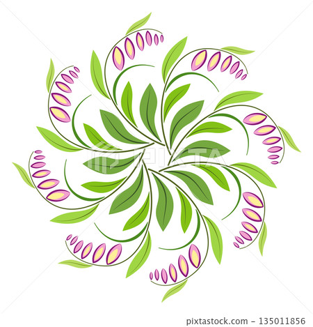 Gentle round ornament of green leaves and pink flowers. Mandala of curved leaves and flowers in ethnic style. Flower wreath on white background. Delicate spring bouquet of flowers. Gentle round ornament of green leaves and pink flowers. Mandala of curved leaves and flowers in ethnic style. Flower wreath on white background. Delicate spring bouquet of flowers. 135011856