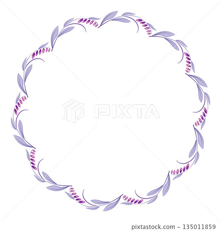 Round floral frame of purple leaves and flowers. Mandala of curved leaves and flowers in modern style. Flower wreath on white background. Delicate spring ornament of flowers. 135011859