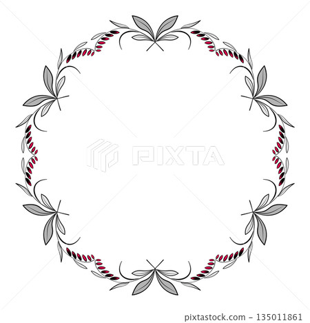 Round floral frame of curved leaves and flowers in modern style. Gray red plant wreath on white background. Delicate spring ornament of flowers. 135011861