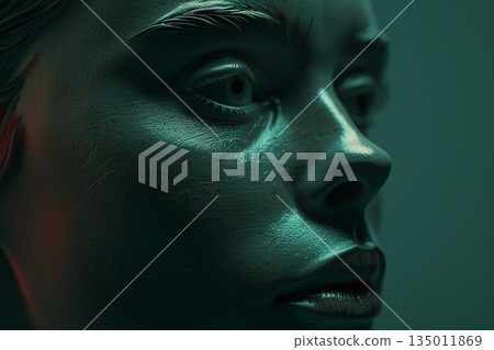 Detailed profile portrait relief of a woman s face on a blue studio background, artistic design Detailed profile portrait relief of a woman s face on a blue studio background, artistic design 135011869