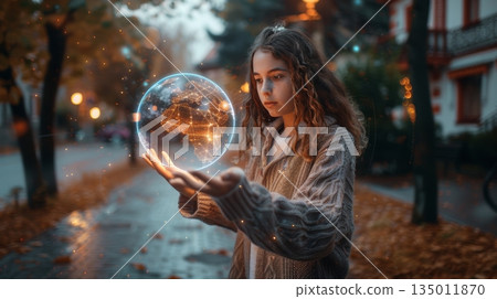 Human interacting with holographic earth globe on virtual screen in digital environment Human interacting with holographic earth globe on virtual screen in digital environment 135011870