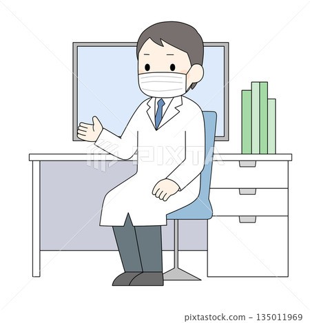 A color illustration of a male doctor in a white coat wearing a mask sitting in a chair in front of a desk with a monitor and explaining with gestures A color illustration of a male doctor in a white coat wearing a mask sitting in a chair in front of a desk with a monitor and explaining with gestures 135011969