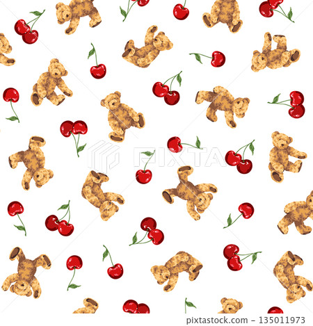 可愛的熊和櫻桃紡織圖案 135011973
