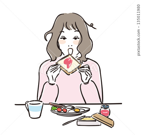 Cute woman eating breakfast toast Cute woman eating breakfast toast 135011980