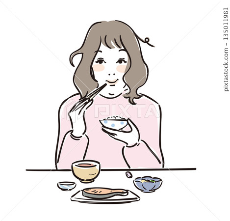 Cute woman eating breakfast Japanese food Cute woman eating breakfast Japanese food 135011981