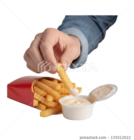 Hand dipping a golden, crispy crinkle-cut french fry into a cup of creamy white sauce, perfect for fast food, snacks, and indulgence concepts 135012022