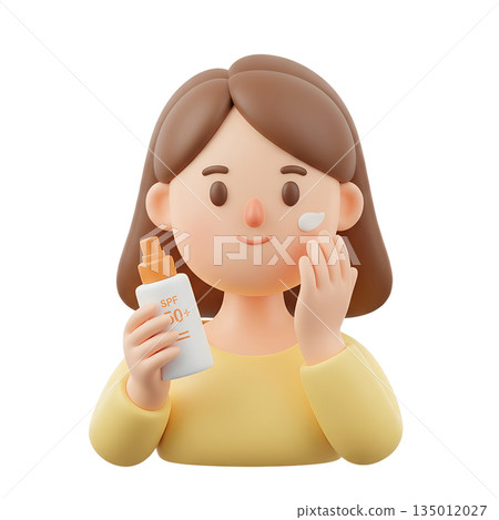 Cheerful 3d cartoon woman character applying sunscreen spf 50 to her face, promoting summer safety, skincare, and uv protection 135012027