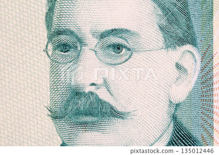 Jose Enrique Rodo a closeup portrait from old Uruguayan money Jose Enrique Rodo a closeup portrait from old Uruguayan money 135012446