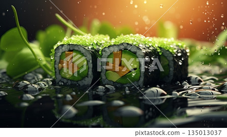 Fresh Sushi Ingredients. Fresh Fish, Ice Cube, Water Droplets, Rice, and Seaweed 135013037