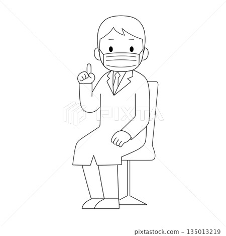 一幅黑白線條畫，畫中一個身穿白大褂、戴著口罩的男人坐在椅子上，看著什麼東西，舉起一根手指似乎在解釋或暗示什麼。 135013219