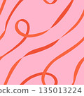 Curly ribbon vector seamless pattern. Festive orange swirl diagonal lines on bright pink background. Modern abstract wavy repeat design. Cute minimal tile for Birthday party, textile in flat style 135013224