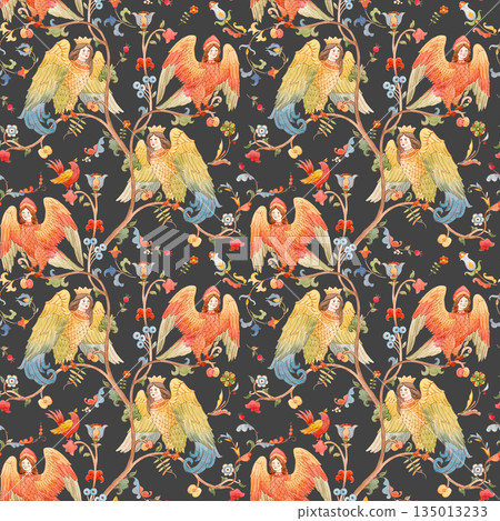 Seamless ornamental wallpaper inspired by Slavic mythology featuring the Alkonost mythical bird from Russian folklore. Decorative floral pattern with fairytale birds, berries, and vines in a vintage 135013233