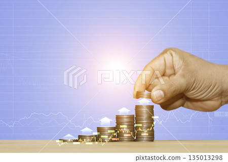 Investment Growth Concept with Stacked Coins and Rising Graph. Stacked coins with upward green arrow and financial graph showing investment growth, profit increase, and financial success concept. Investment Growth Concept with Stacked Coins and Rising Graph. Stacked coins with upward green arrow and financial graph showing investment growth, profit increase, and financial success concept. 135013298