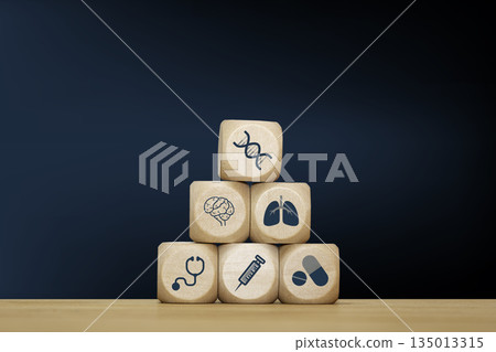 Longevity Concept with DNA, Vaccine and Medicine Icons on Wooden, syringe, and pill icons representing longevity, healthcare, medical innovation, and wellness for biotechnology, healthy living, Longevity Concept with DNA, Vaccine and Medicine Icons on Wooden, syringe, and pill icons representing longevity, healthcare, medical innovation, and wellness for biotechnology, healthy living, 135013315