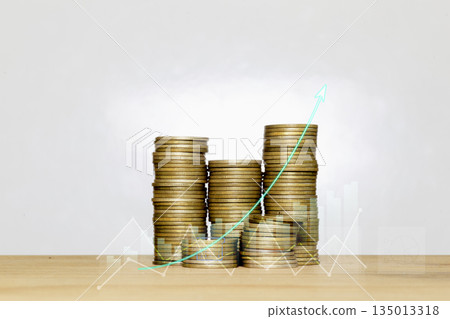investment concept, Fund bond, stack of gold coins with growing on white background. wealth growth gold coins are displayed as graphs. Shows the beginning of the power of saving money in stocks. investment concept, Fund bond, stack of gold coins with growing on white background. wealth growth gold coins are displayed as graphs. Shows the beginning of the power of saving money in stocks. 135013318